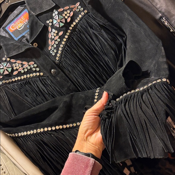 Black Suede Fringe Rhinestone Studded Leather Jacket L Excellent VTG Condition - Picture 8 of 17